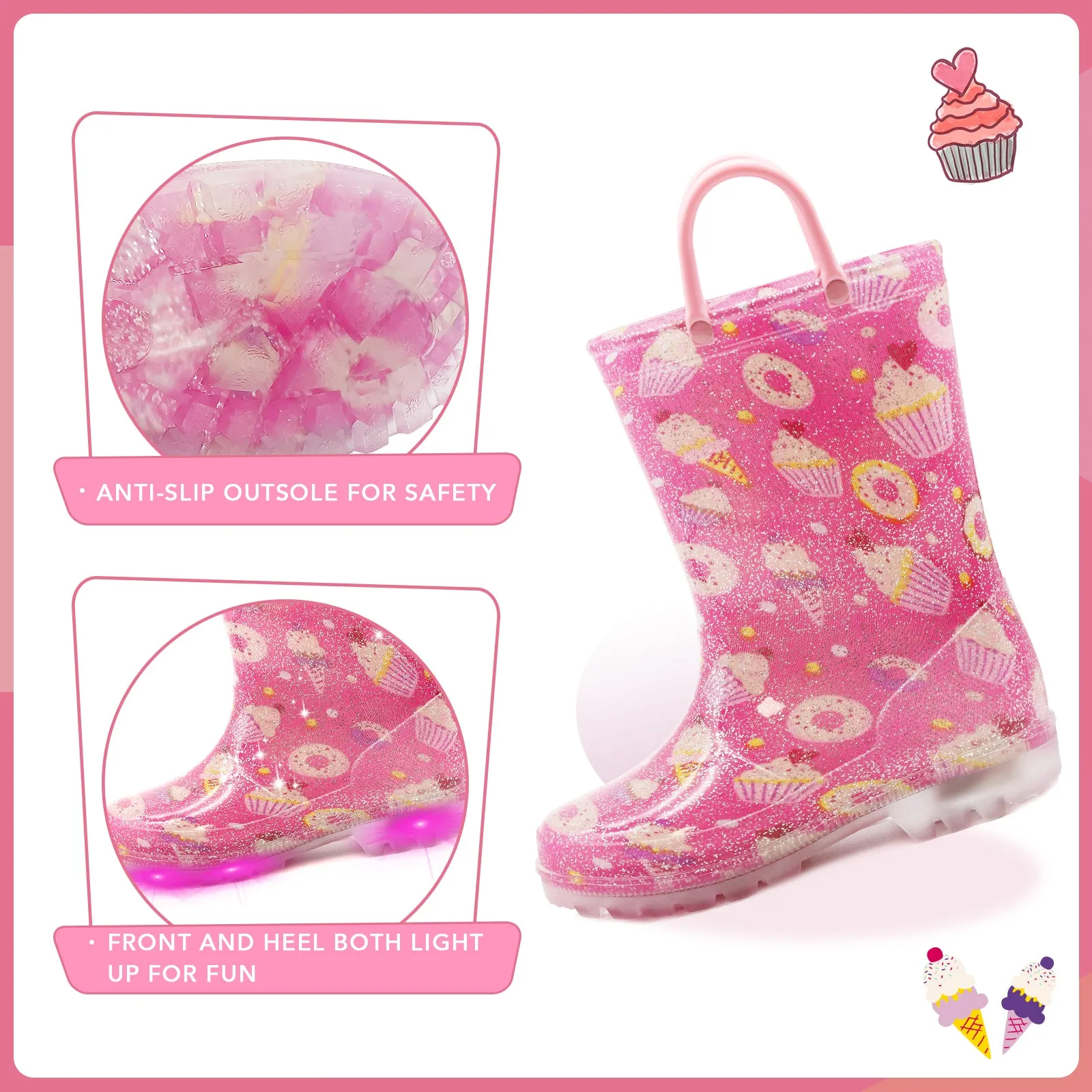 Light Up Toddler Kids Rain Boots with Handles