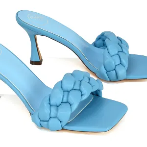Lilah Woven Strap Square Toe Stiletto mid High Heel Mule Slip on Sandals in Blue