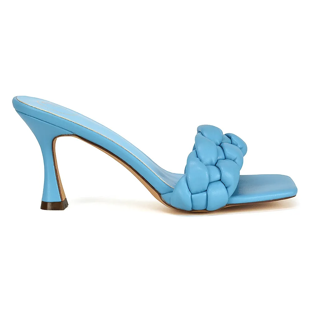 Lilah Woven Strap Square Toe Stiletto mid High Heel Mule Slip on Sandals in Blue