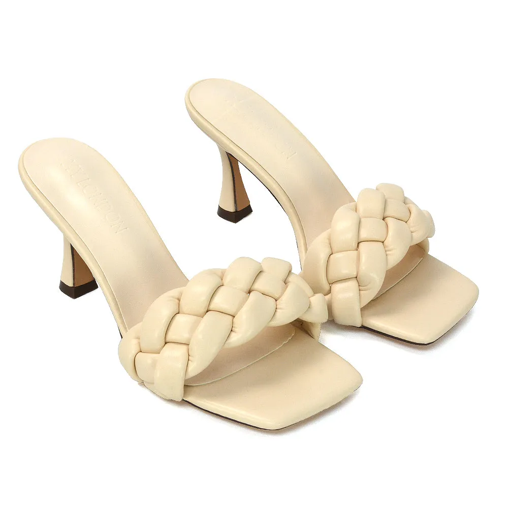 Lilah Woven Strap Square Toe Stiletto mid High Heel Mule Slip on Sandals in Blue