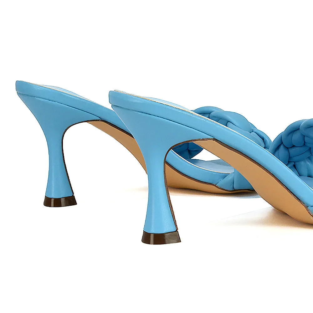 Lilah Woven Strap Square Toe Stiletto mid High Heel Mule Slip on Sandals in Blue