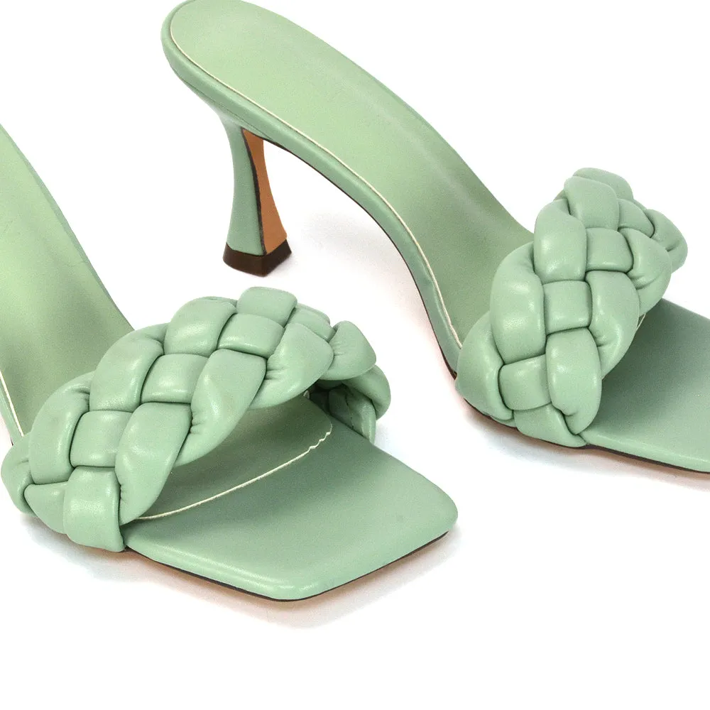 Lilah Woven Strap Square Toe Stiletto mid High Heel Mule Slip on Sandals in Blue