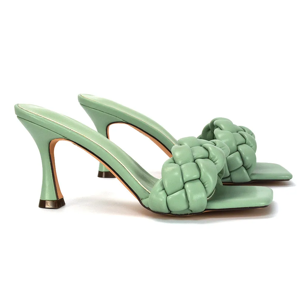 Lilah Woven Strap Square Toe Stiletto mid High Heel Mule Slip on Sandals in Blue