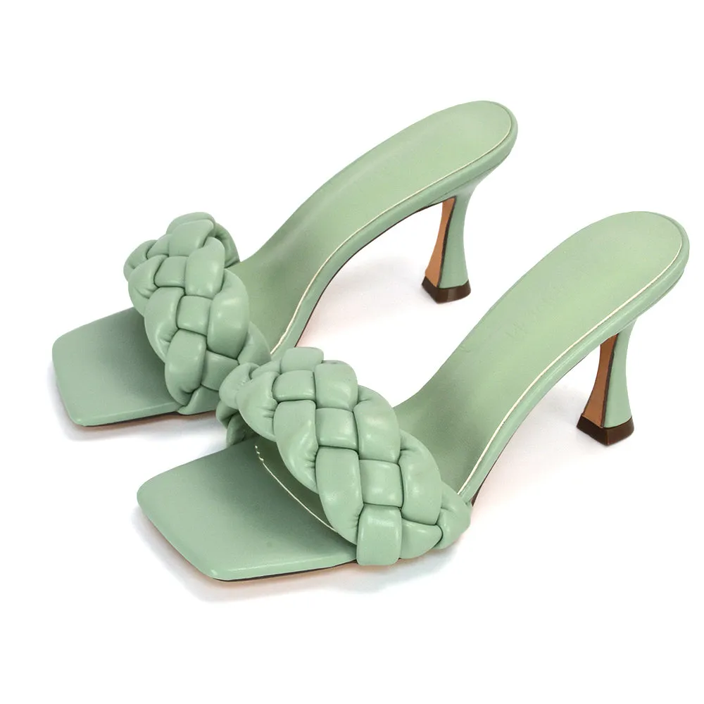 Lilah Woven Strap Square Toe Stiletto mid High Heel Mule Slip on Sandals in Blue