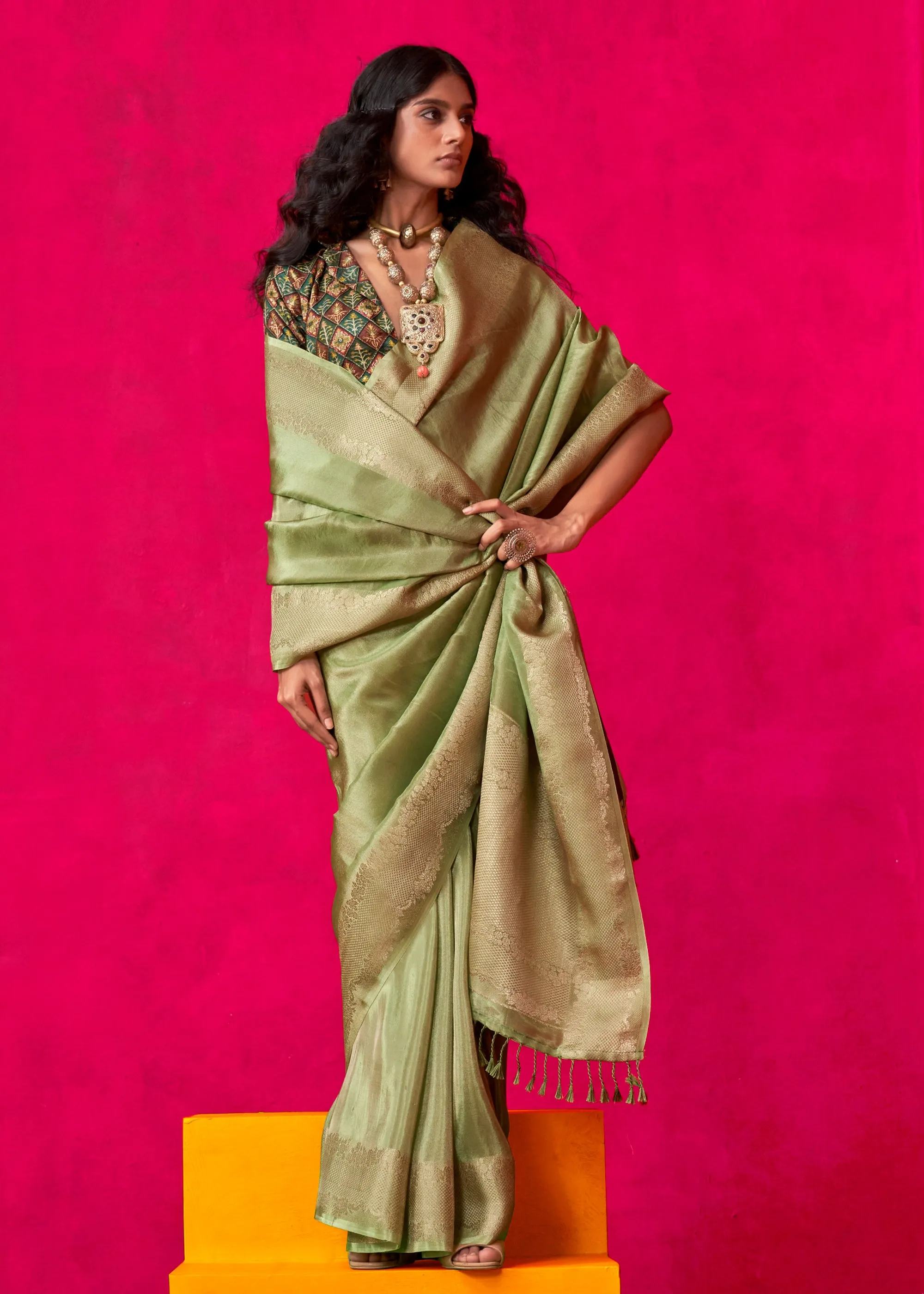 Lily Green Woven Banarasi Tissue Silk Saree With Contrast Blouse
