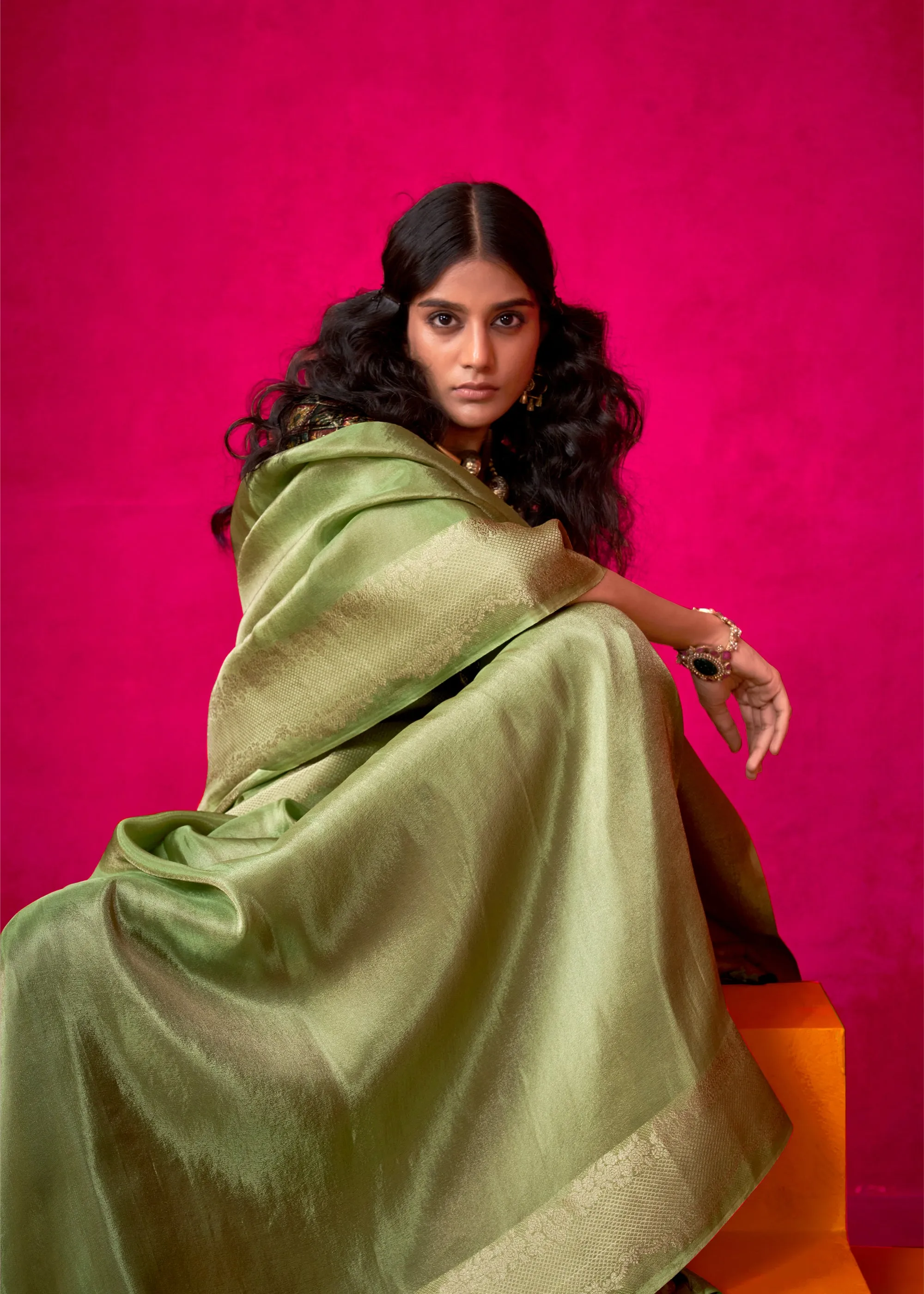 Lily Green Woven Banarasi Tissue Silk Saree With Contrast Blouse