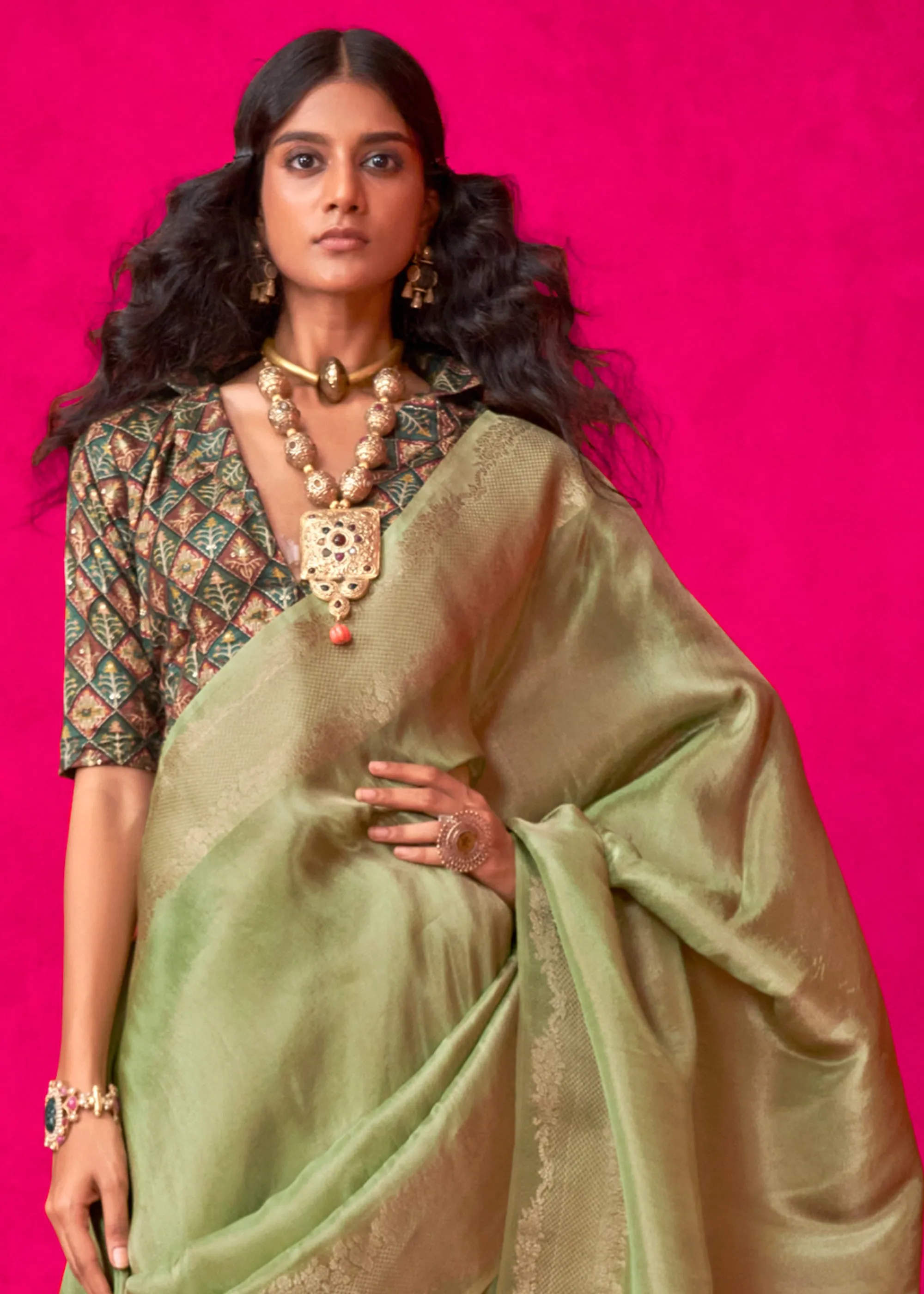 Lily Green Woven Banarasi Tissue Silk Saree With Contrast Blouse