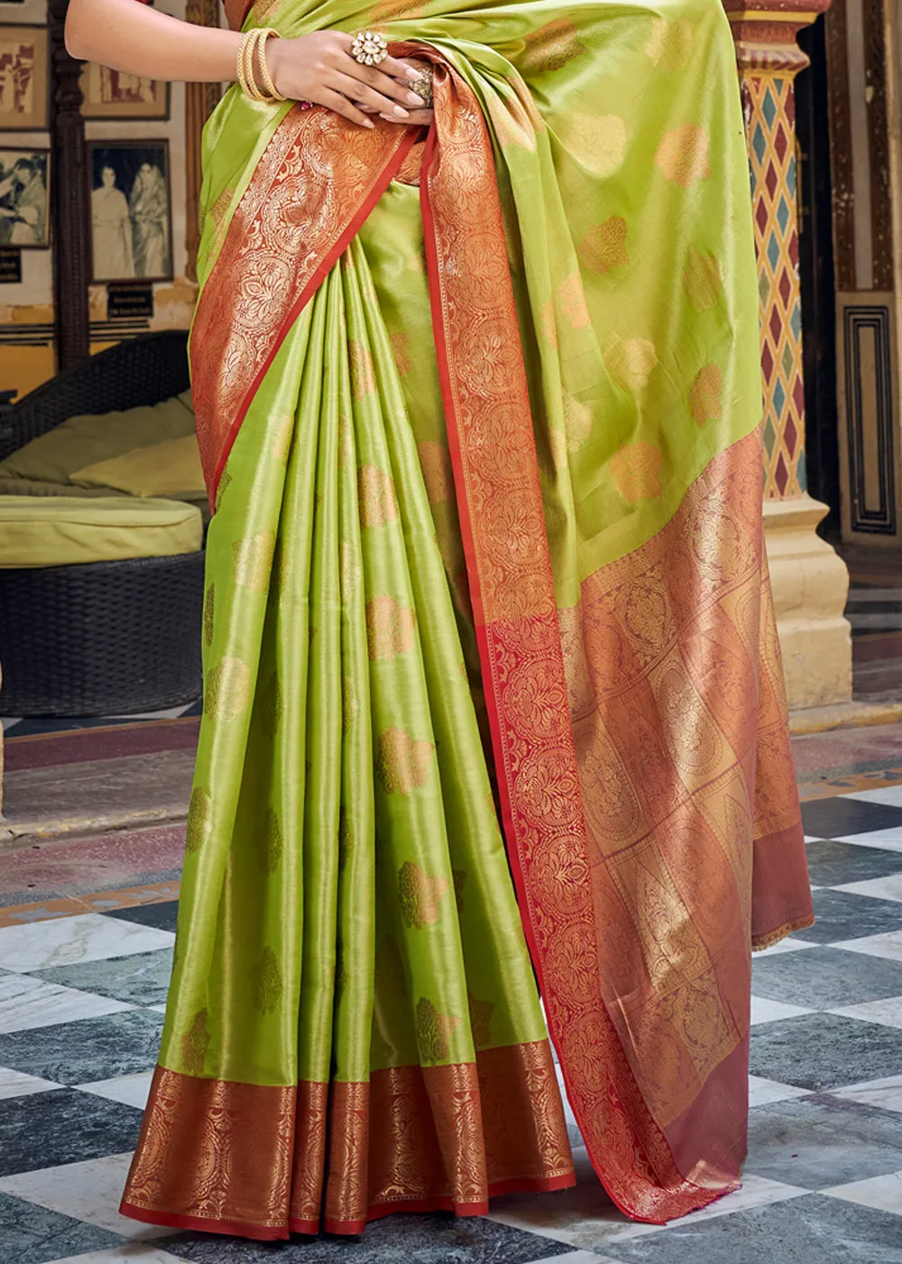 Lime Green Woven Banarasi Brocade Silk Saree