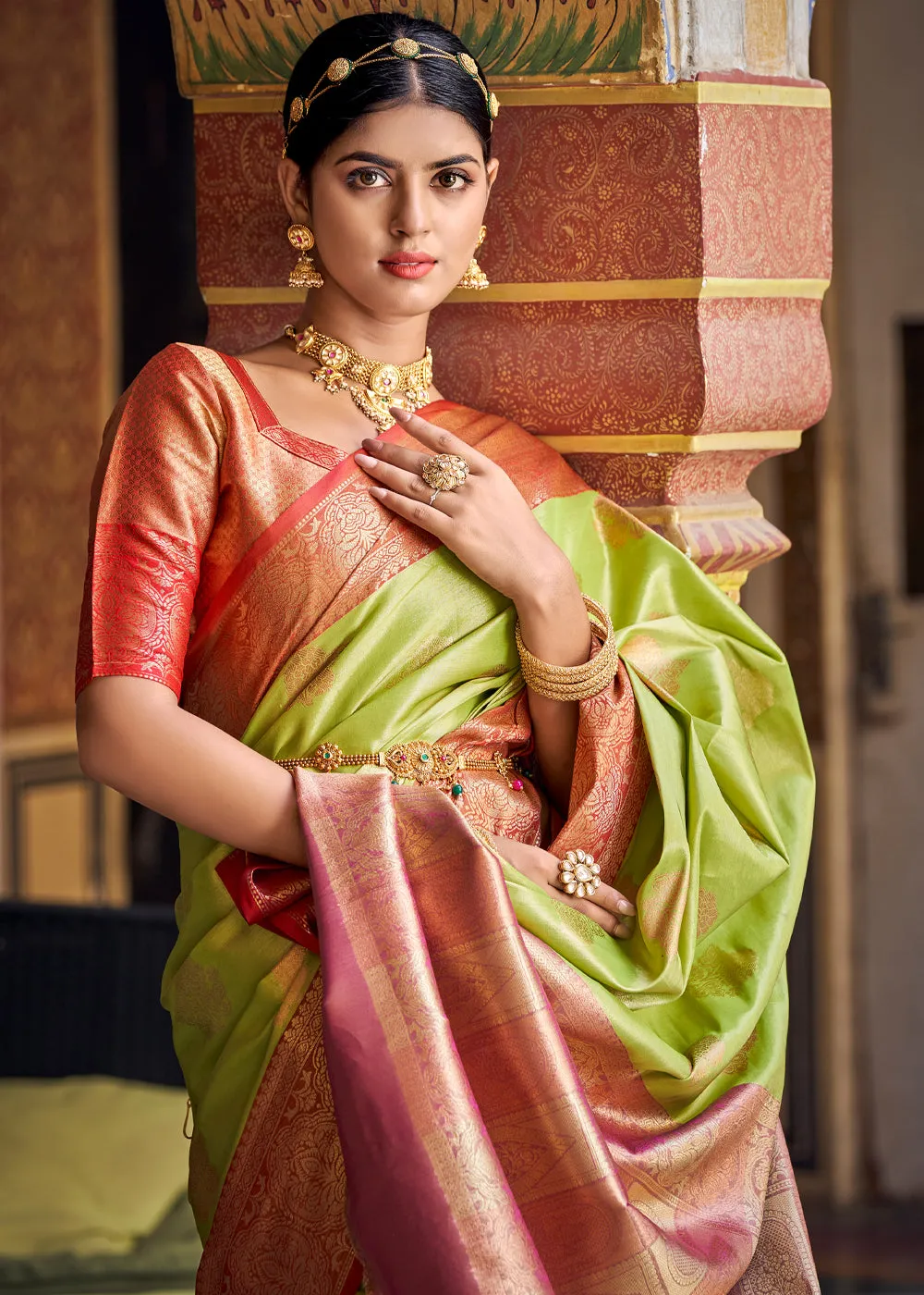 Lime Green Woven Banarasi Brocade Silk Saree