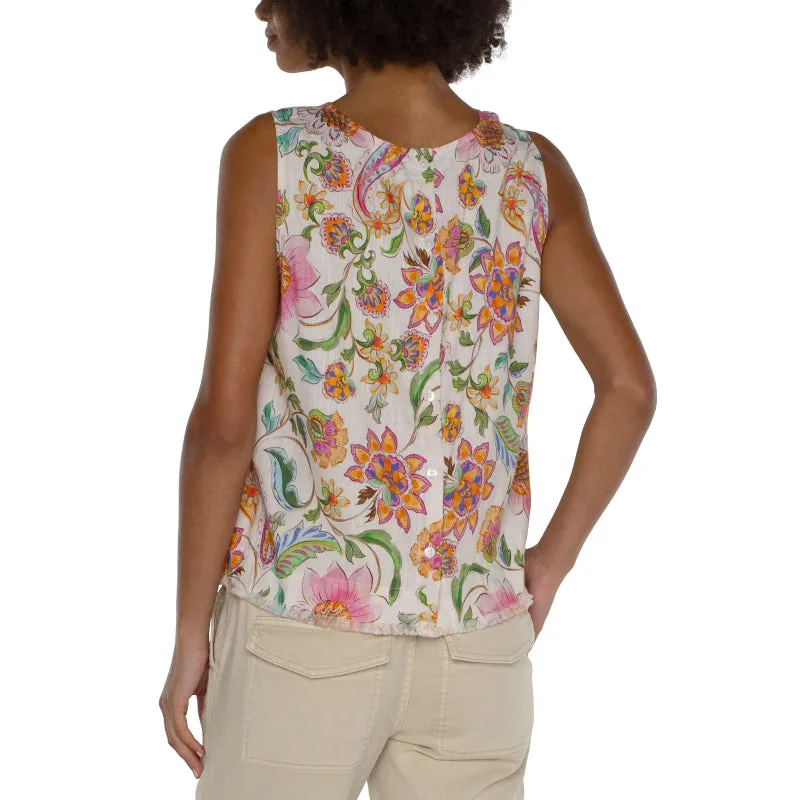 Liverpool Sleeveless Woven Top with Button Back & Fray