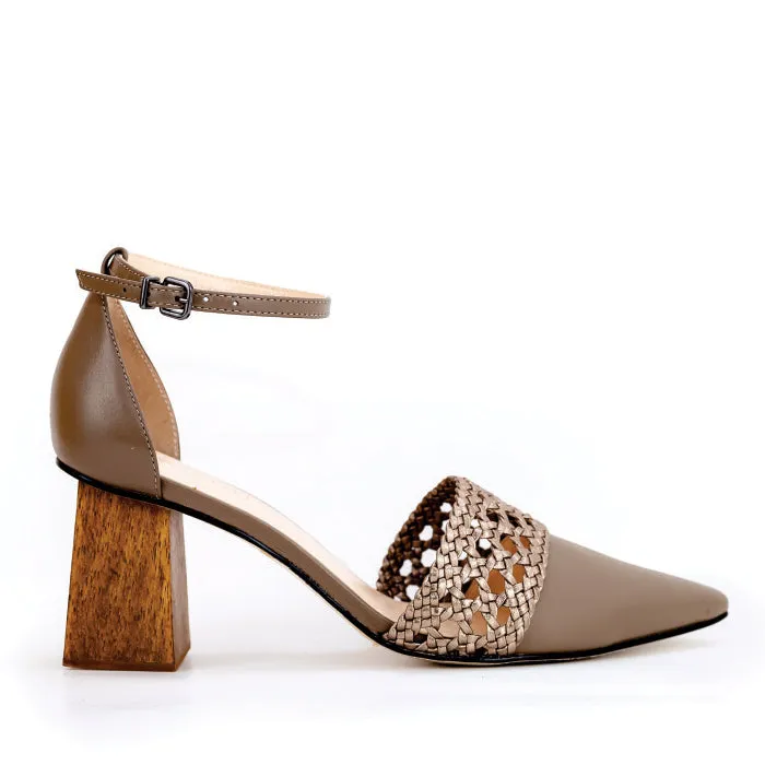 Lunar Woven Ankle strap with chunky wooden heel