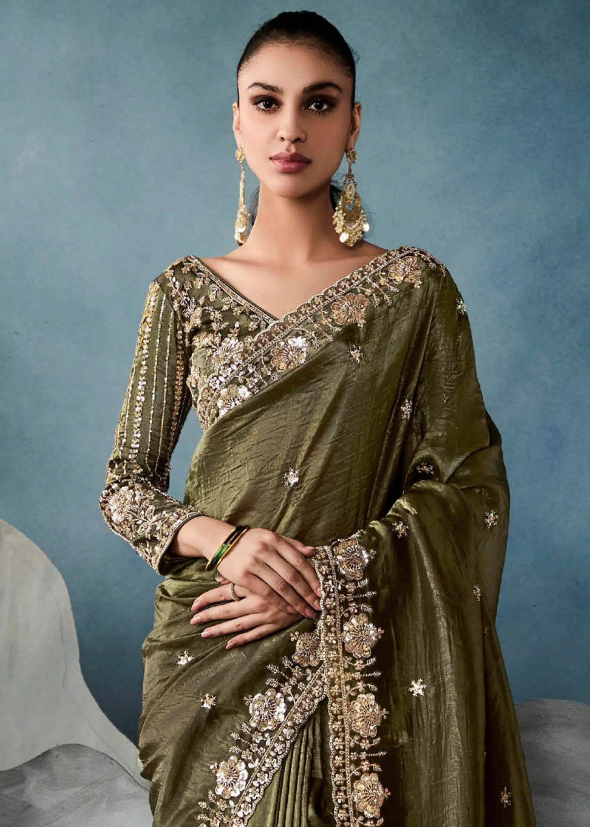 Mehndi Green Embroidered Designer Tissue Silk Saree