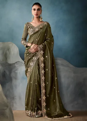 Mehndi Green Embroidered Designer Tissue Silk Saree