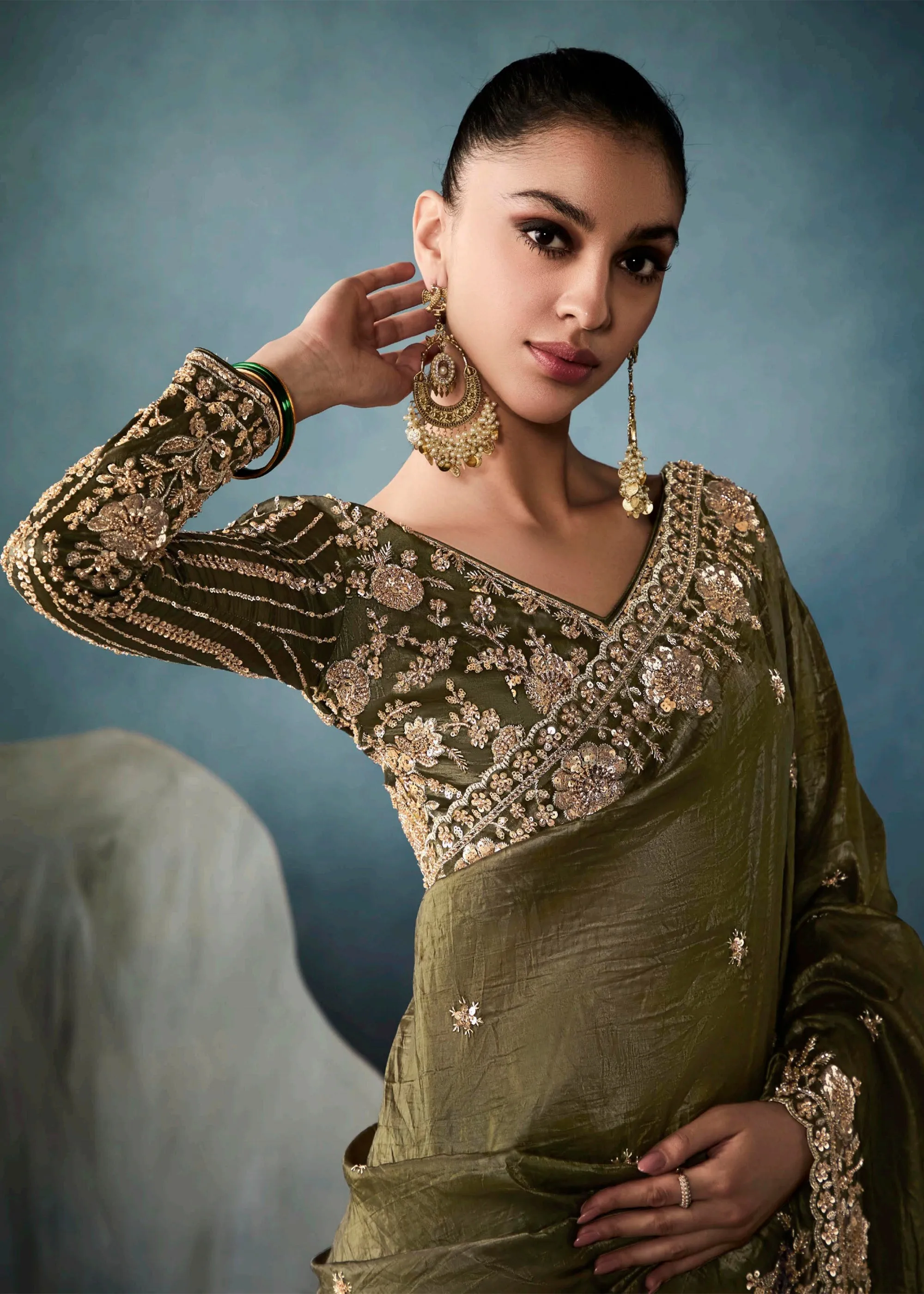 Mehndi Green Embroidered Designer Tissue Silk Saree