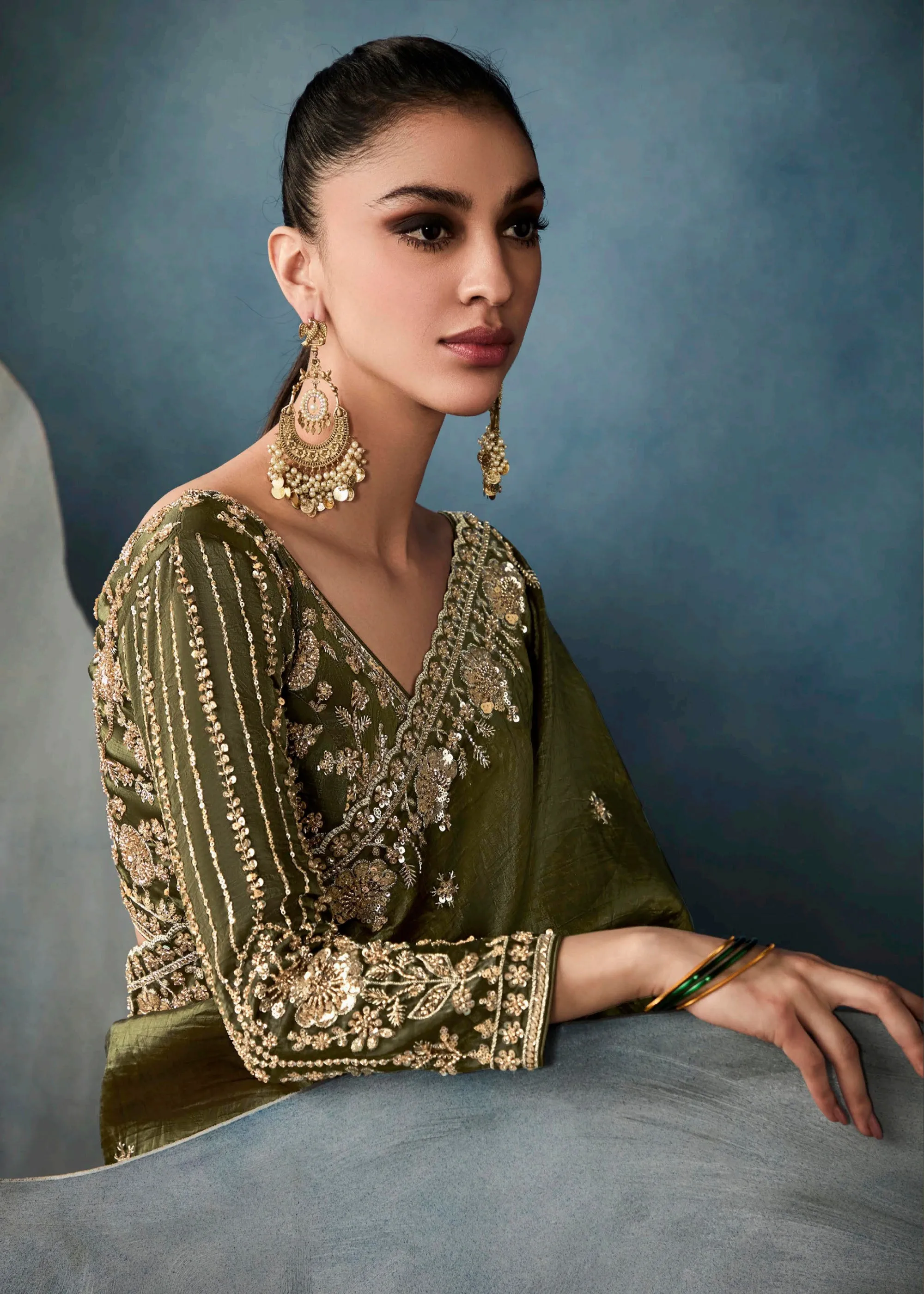 Mehndi Green Embroidered Designer Tissue Silk Saree