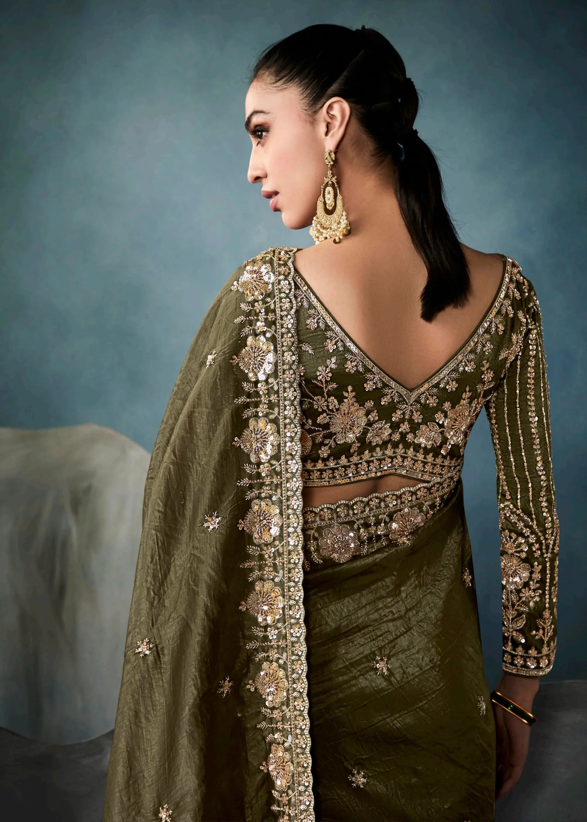 Mehndi Green Embroidered Designer Tissue Silk Saree