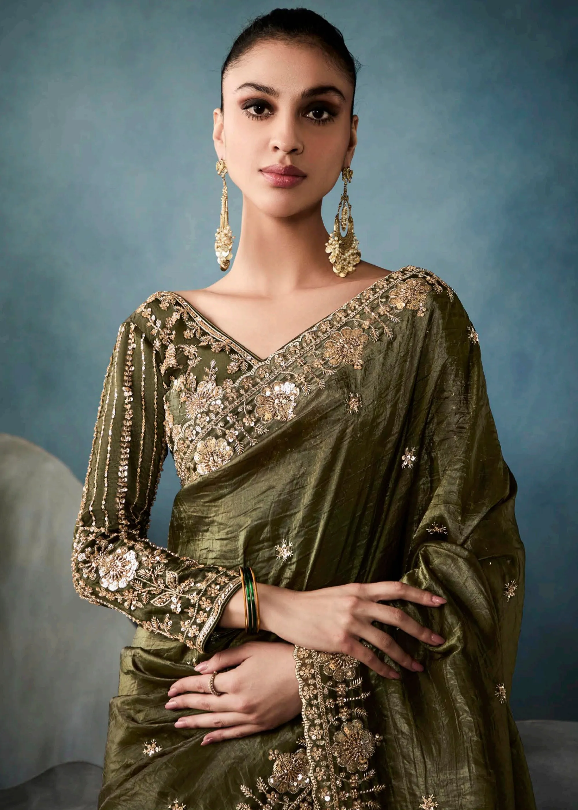 Mehndi Green Embroidered Designer Tissue Silk Saree
