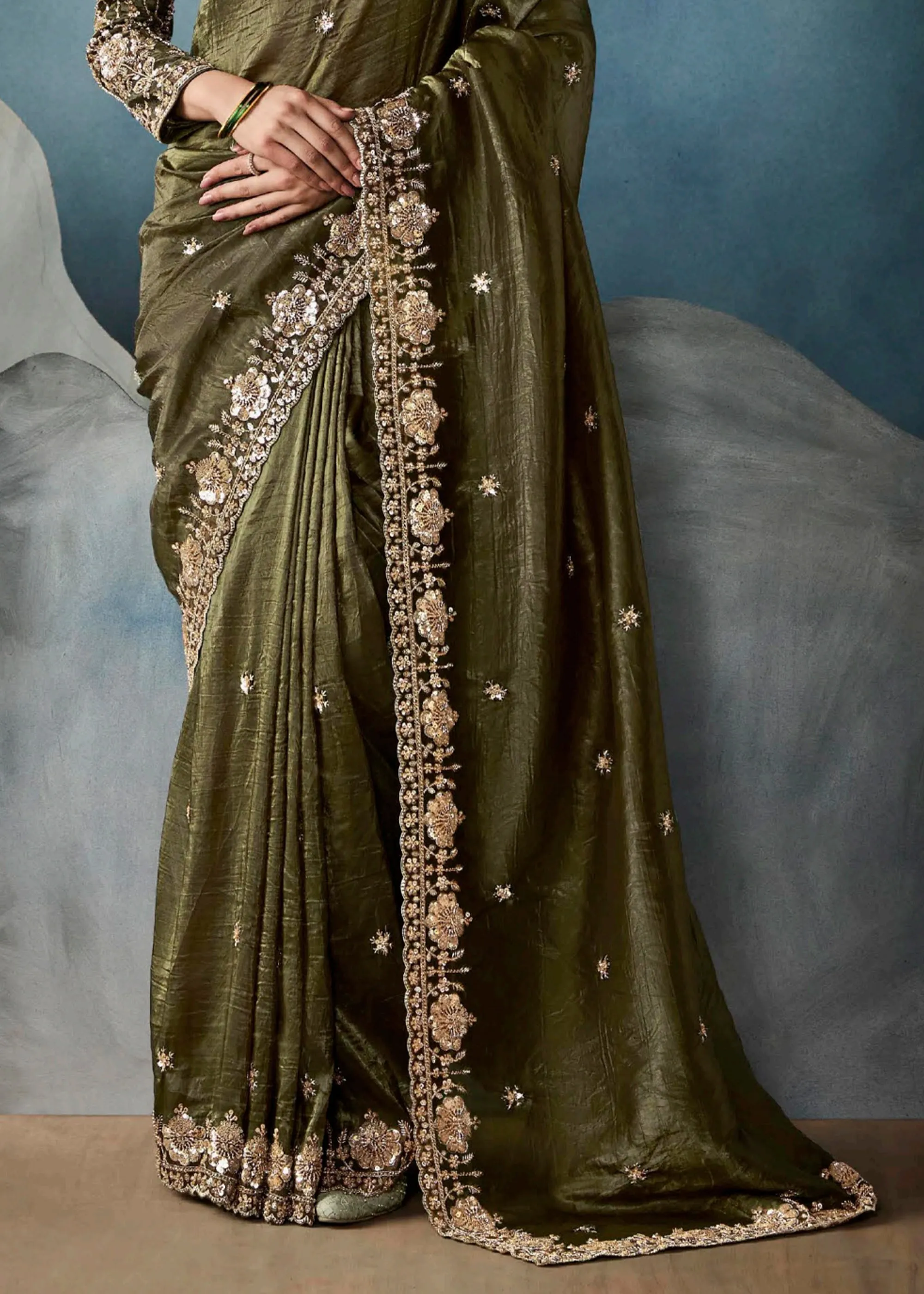 Mehndi Green Embroidered Designer Tissue Silk Saree