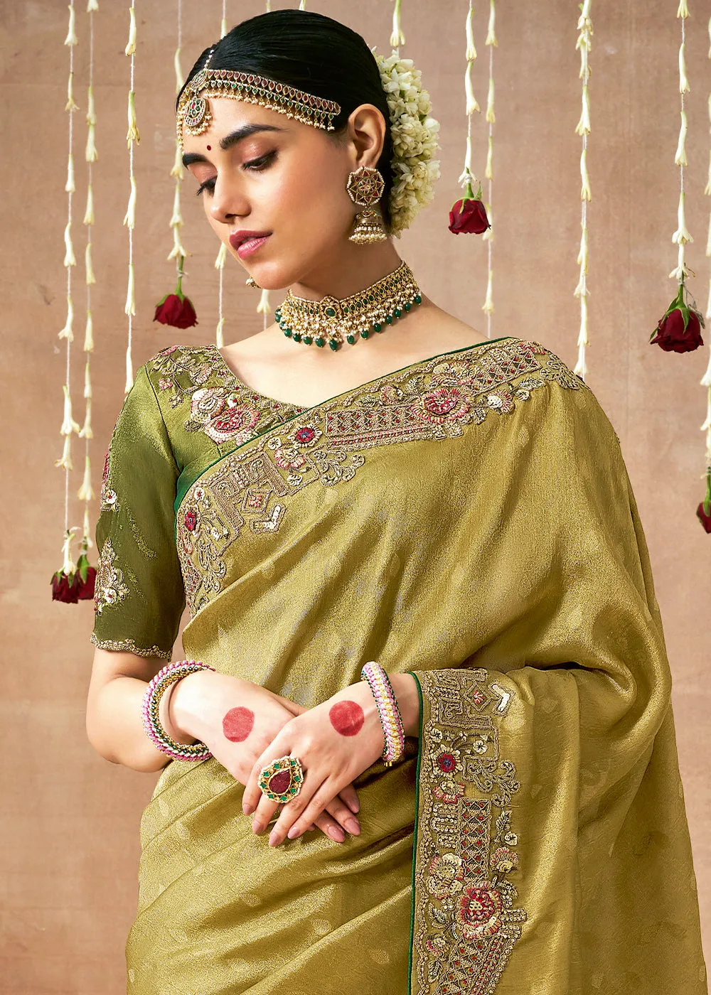 Mehndi Green Woven Embroidered Designer Tissue Silk Saree