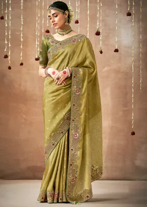 Mehndi Green Woven Embroidered Designer Tissue Silk Saree
