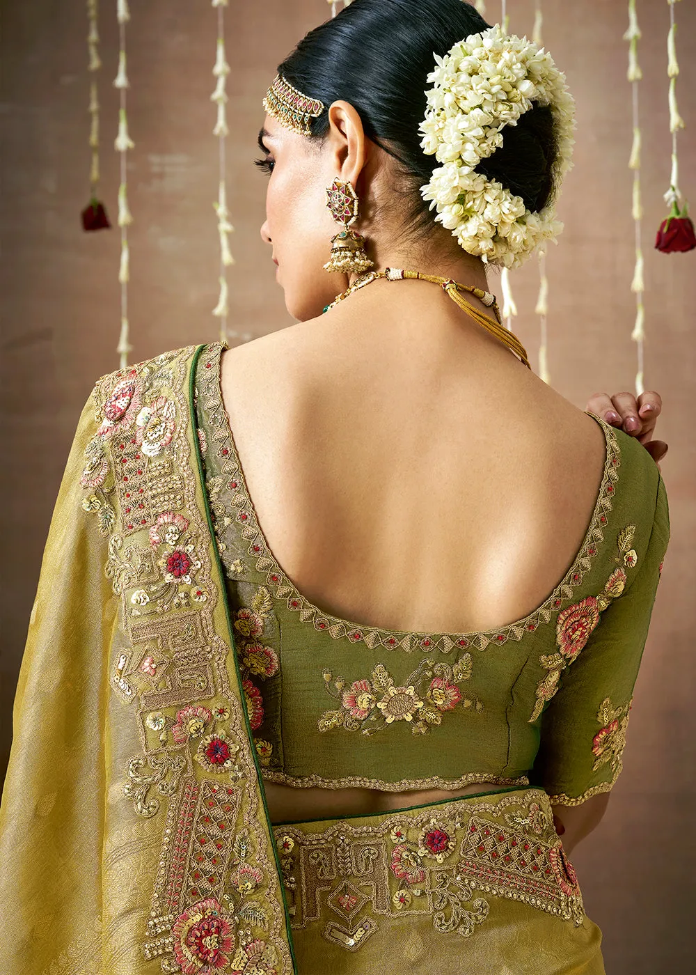 Mehndi Green Woven Embroidered Designer Tissue Silk Saree