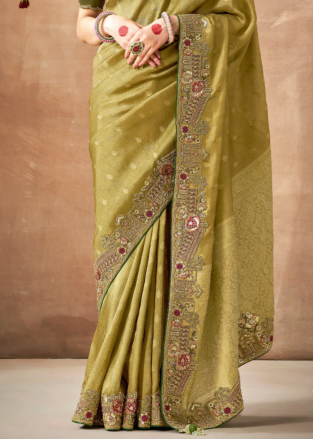Mehndi Green Woven Embroidered Designer Tissue Silk Saree
