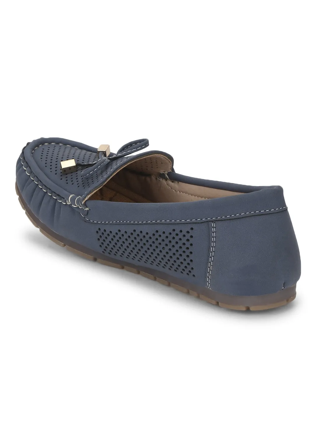 Navy Blue PU Loafers With Bow
