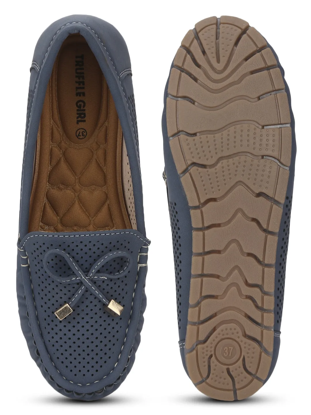 Navy Blue PU Loafers With Bow