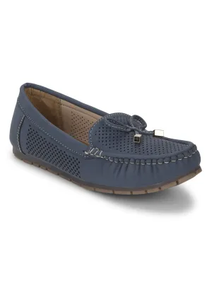 Navy Blue PU Loafers With Bow