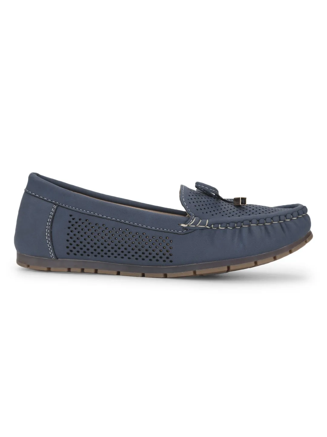 Navy Blue PU Loafers With Bow