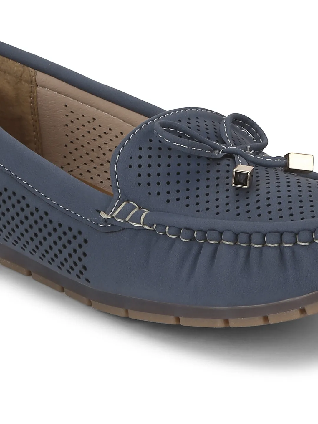 Navy Blue PU Loafers With Bow