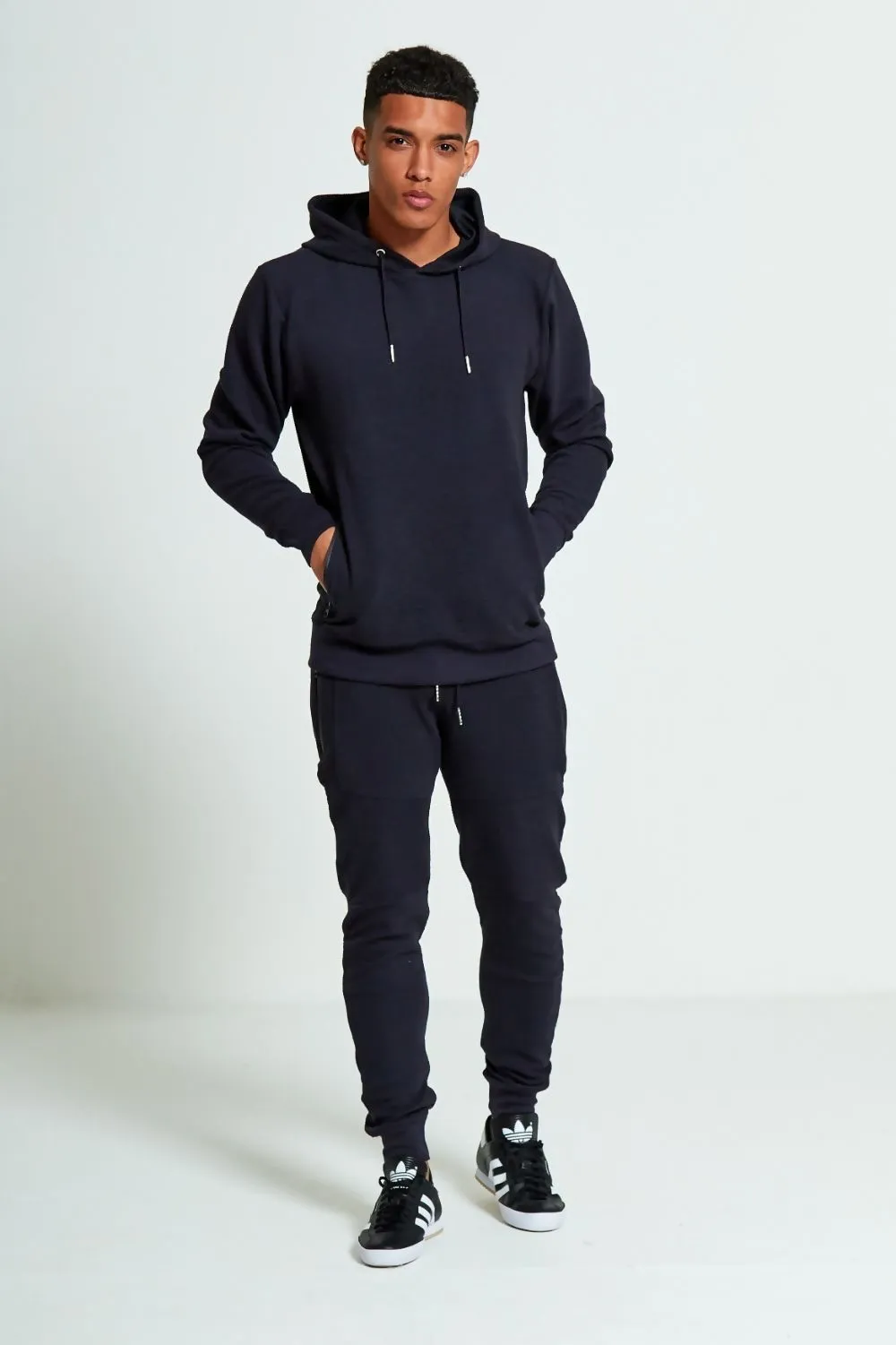Navy Comfy Ribbed Hooded Tracksuit Set with Zipper Pockets