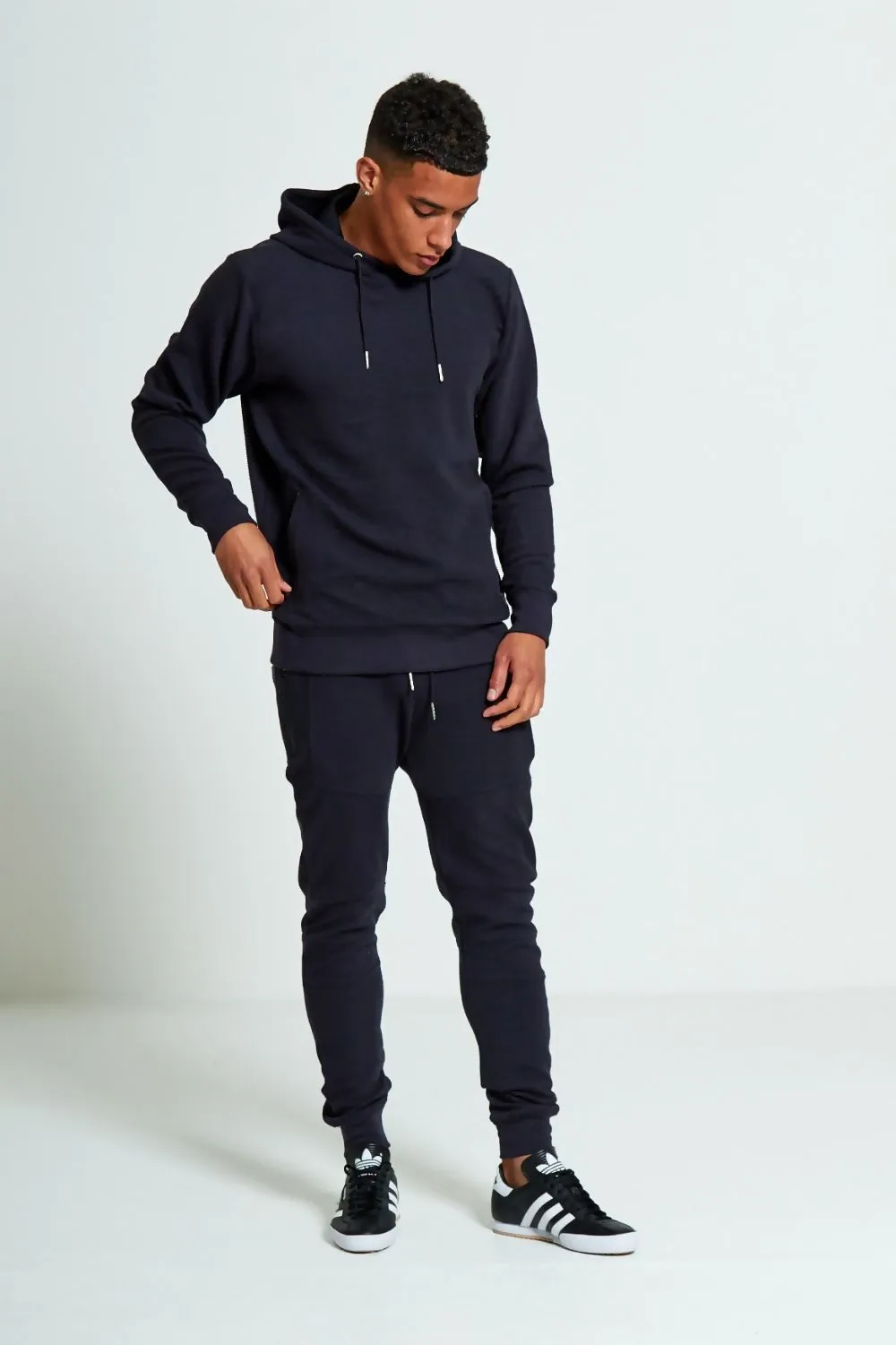 Navy Comfy Ribbed Hooded Tracksuit Set with Zipper Pockets