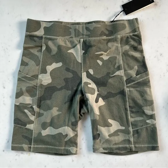 NWT Monrow Olive Camouflage Biker Shorts with Pockets