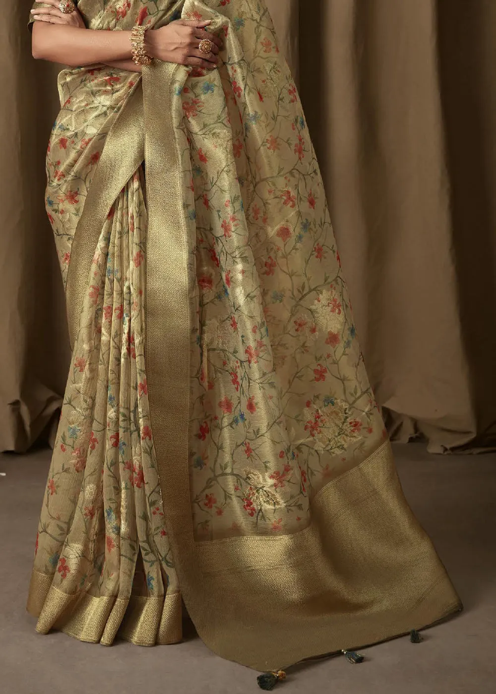 Olive Green Woven Banarasi Brocade Tissue Silk Saree With Floral Print