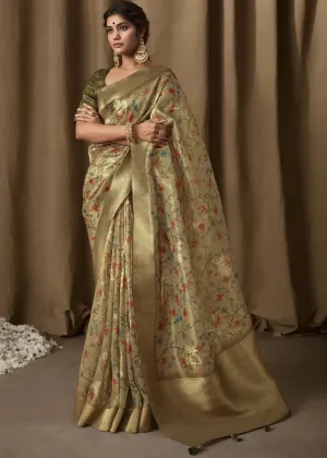 Olive Green Woven Banarasi Brocade Tissue Silk Saree With Floral Print