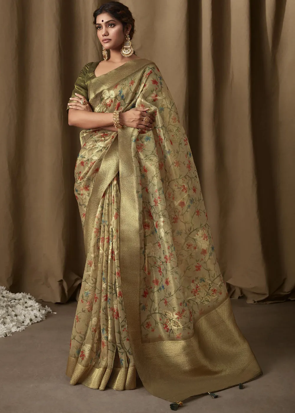 Olive Green Woven Banarasi Brocade Tissue Silk Saree With Floral Print