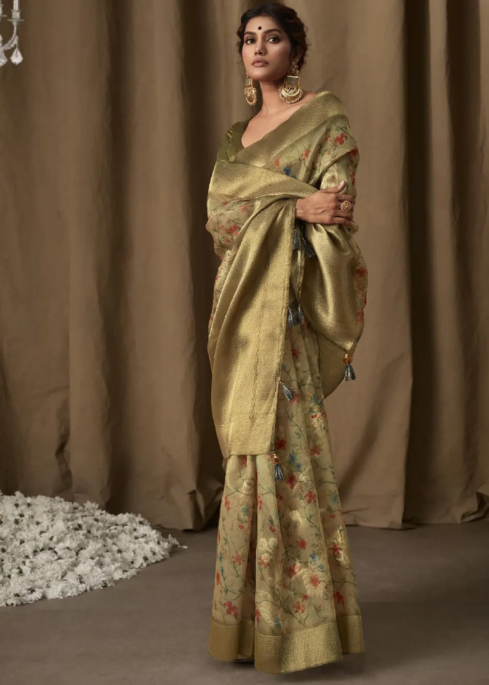 Olive Green Woven Banarasi Brocade Tissue Silk Saree With Floral Print