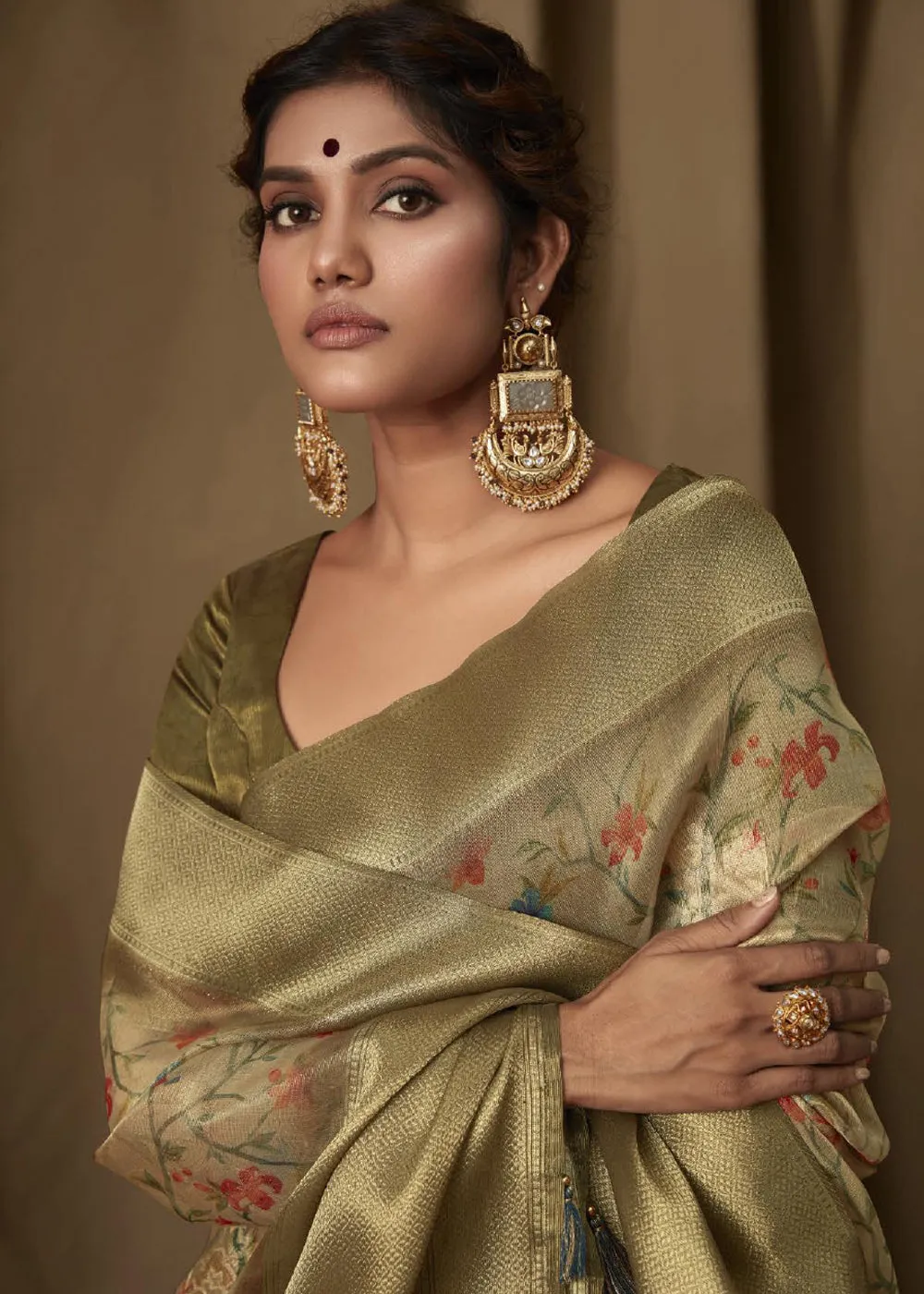 Olive Green Woven Banarasi Brocade Tissue Silk Saree With Floral Print