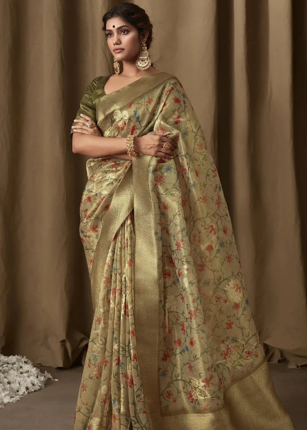 Olive Green Woven Banarasi Brocade Tissue Silk Saree With Floral Print