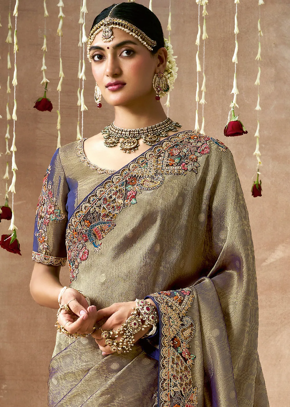 Olive Grey Woven Embroidered Designer Tissue Silk Saree
