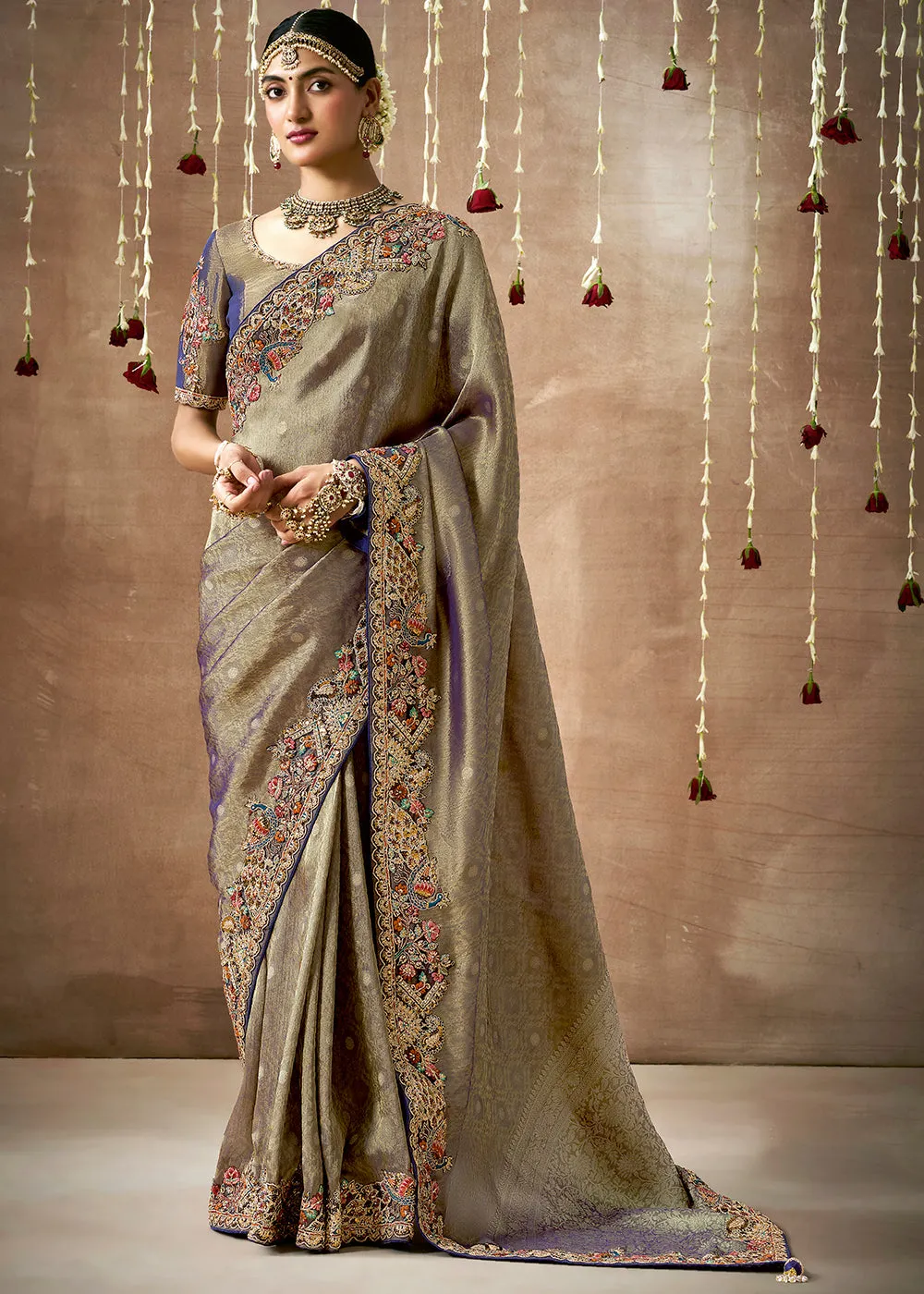 Olive Grey Woven Embroidered Designer Tissue Silk Saree
