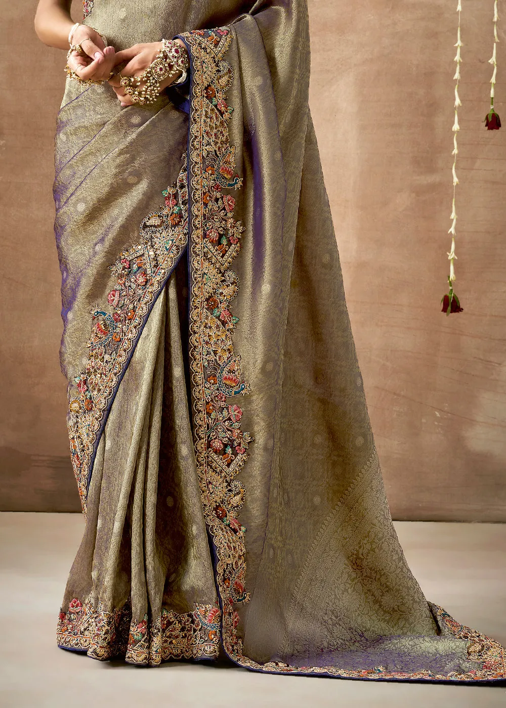 Olive Grey Woven Embroidered Designer Tissue Silk Saree