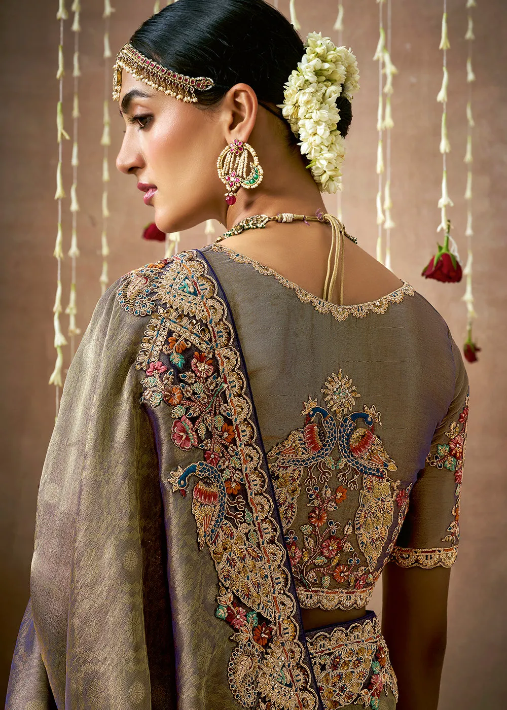 Olive Grey Woven Embroidered Designer Tissue Silk Saree