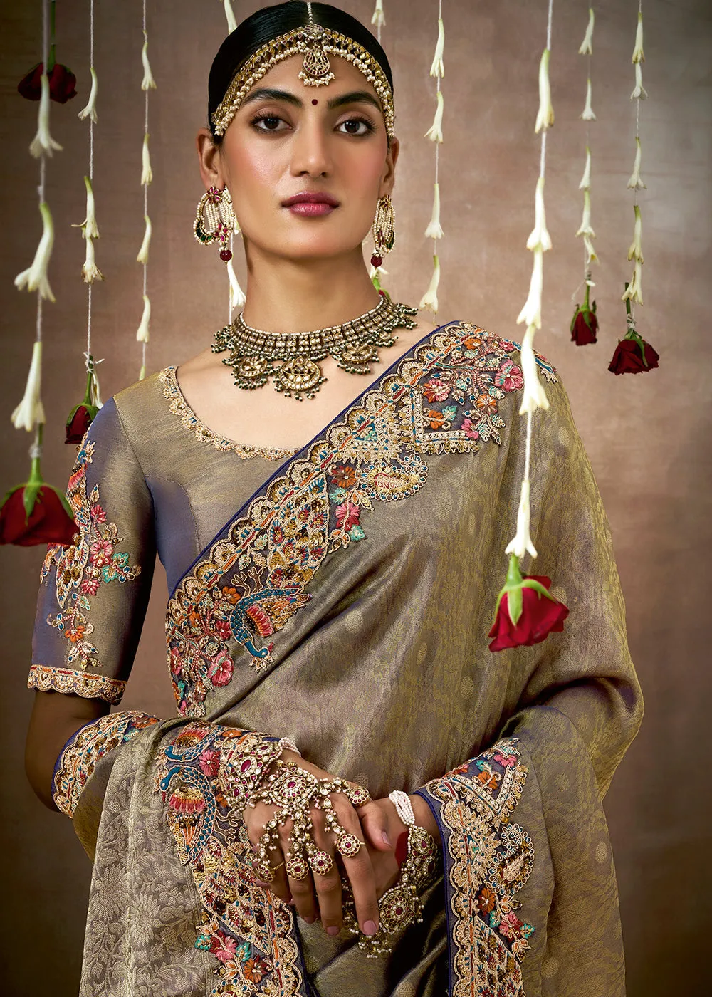 Olive Grey Woven Embroidered Designer Tissue Silk Saree