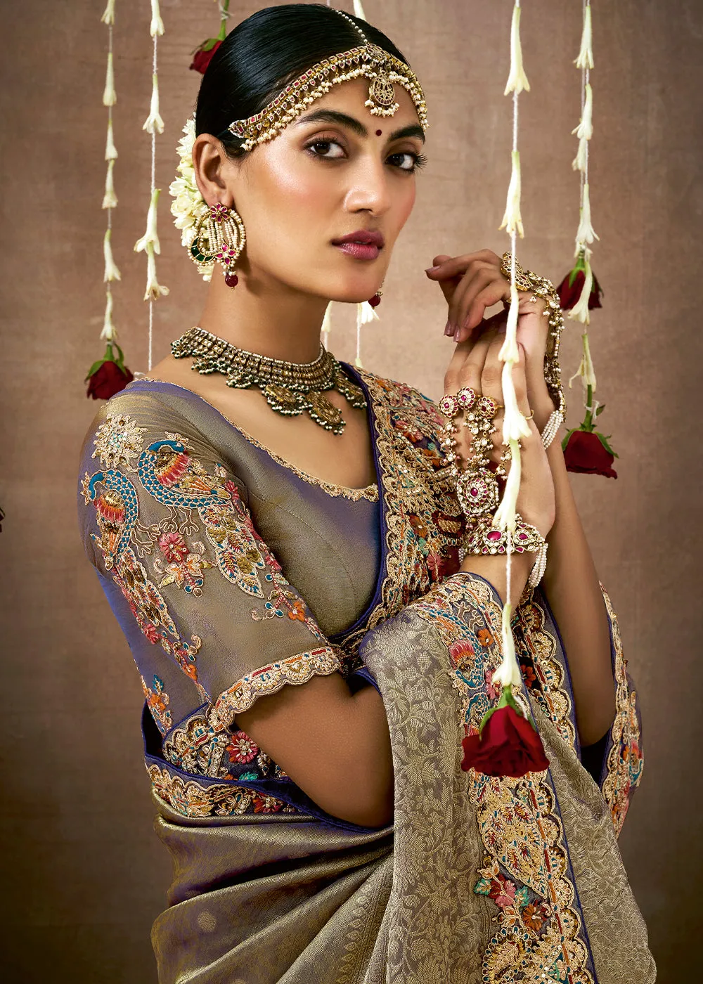 Olive Grey Woven Embroidered Designer Tissue Silk Saree