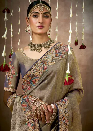 Olive Grey Woven Embroidered Designer Tissue Silk Saree