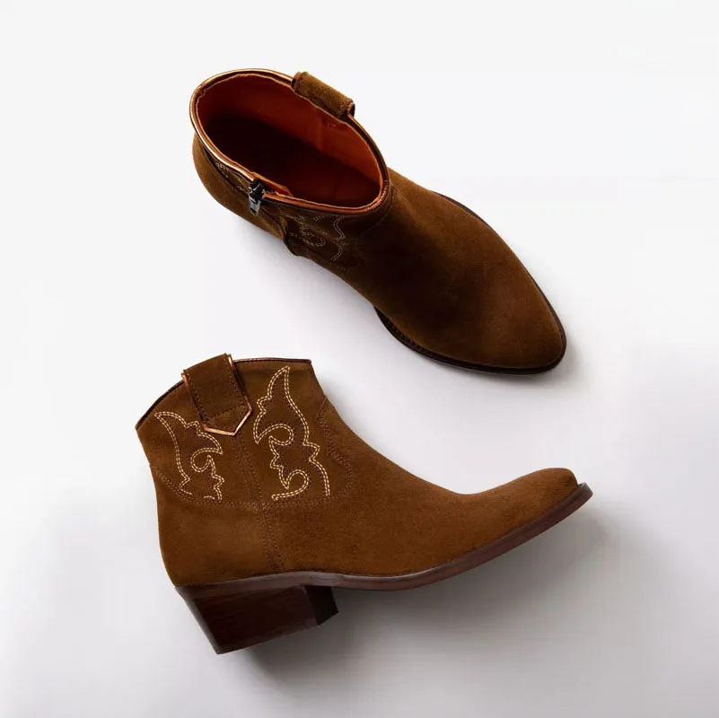 PENELOPE CHILVERS Cassidy Suede Embroidered Boots in Peat