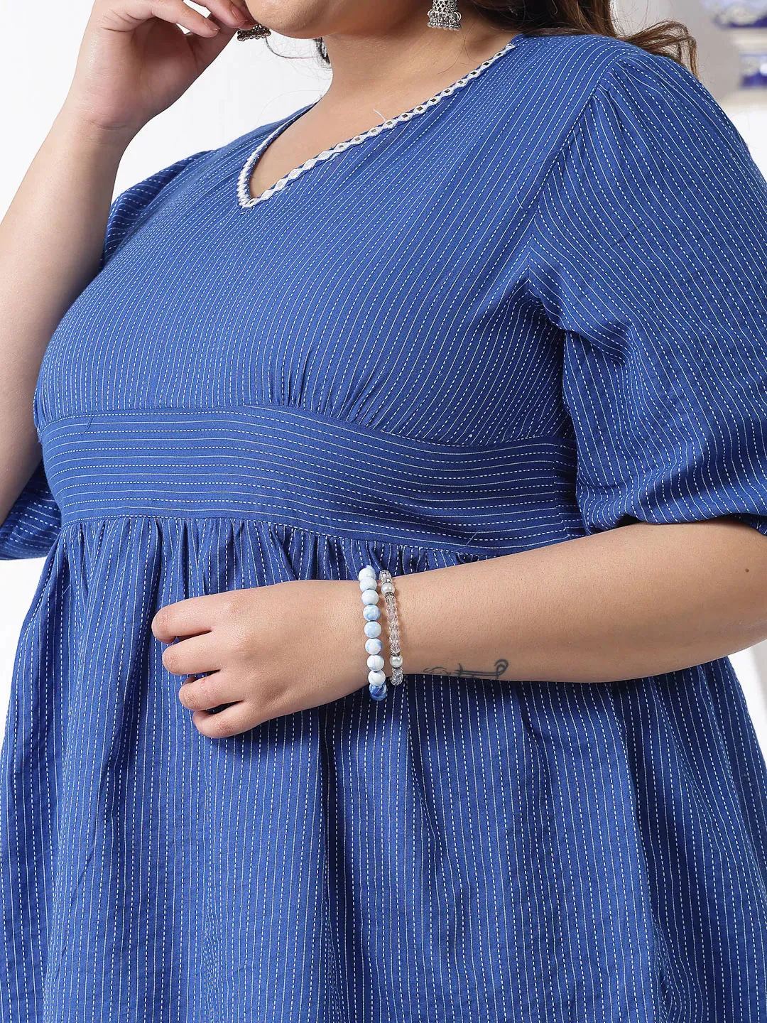 Plus Size Women Self Woven Kantha Cotton Co-Ord Set-BLUEKATHACORDPLUS