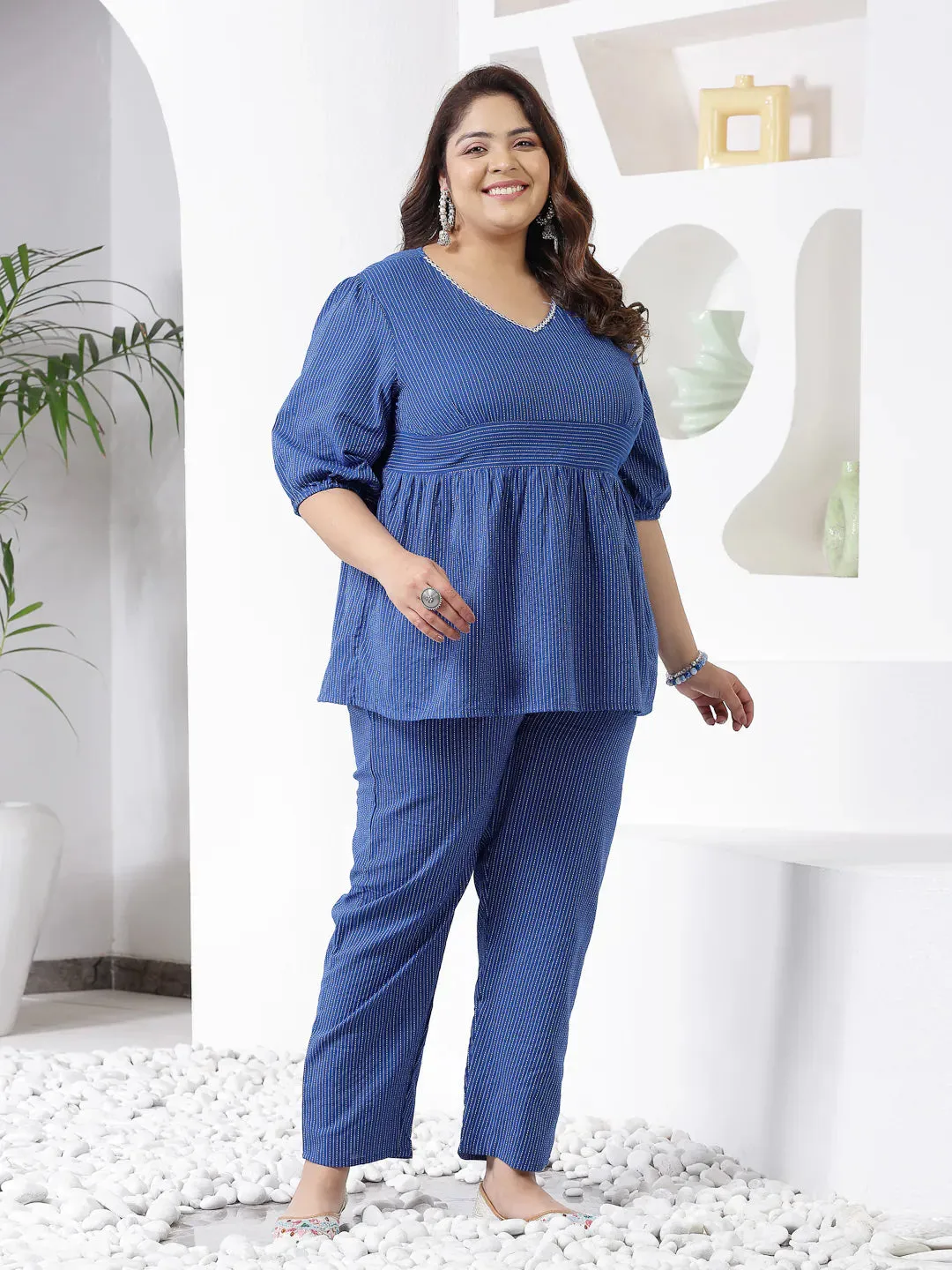 Plus Size Women Self Woven Kantha Cotton Co-Ord Set-BLUEKATHACORDPLUS